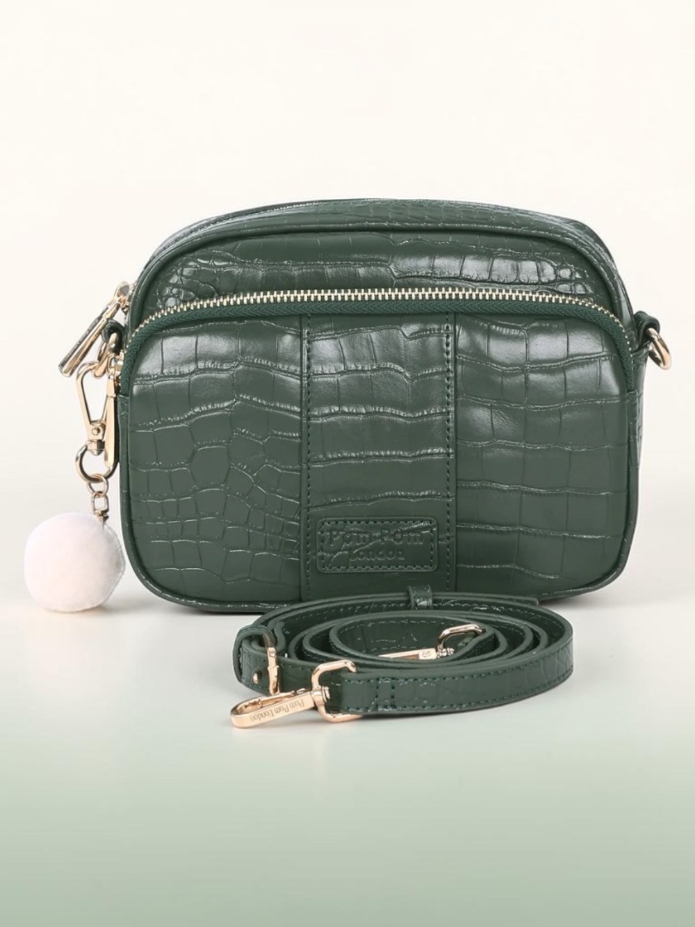 Croc-Embossed Pine Green Crossbody Bag with Pom Charm